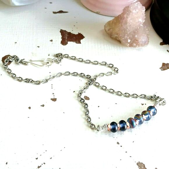 Holographic Glass & Plated Hematite Crystal Bar Choker Necklace, 14" - Picture 3 of 4